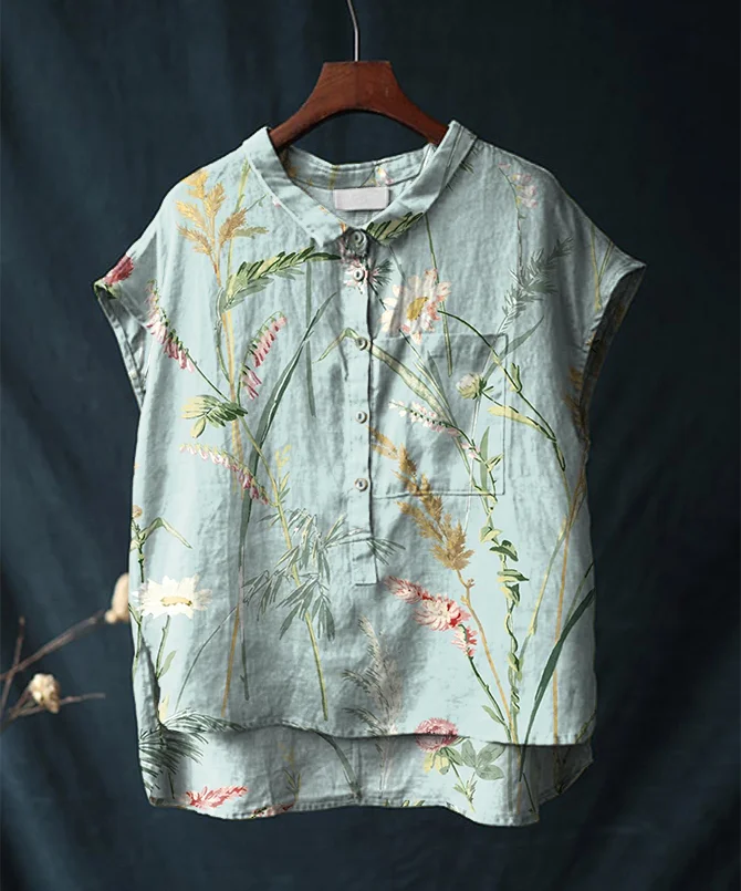 Vintage Floral Print Short-sleeved Cotton and Linen Shirt