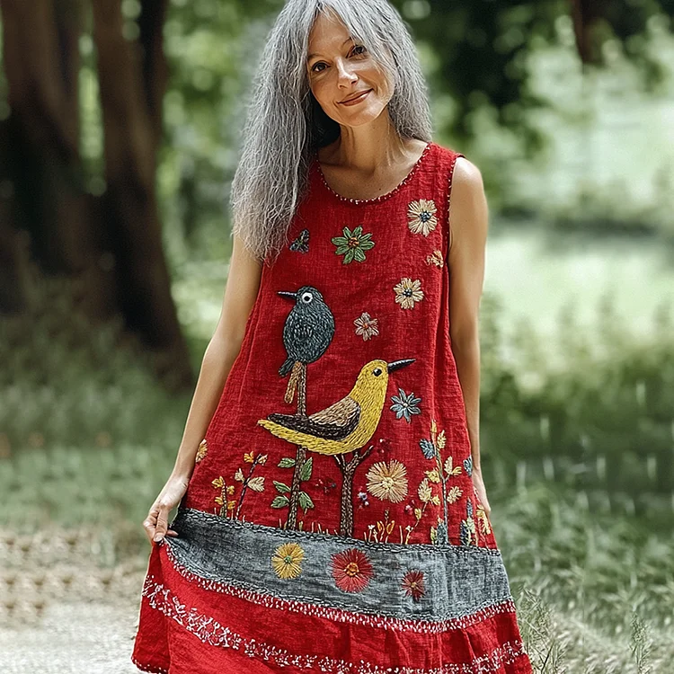 Women's Folk Flower And Bird Art Embroidery Pattern Dress