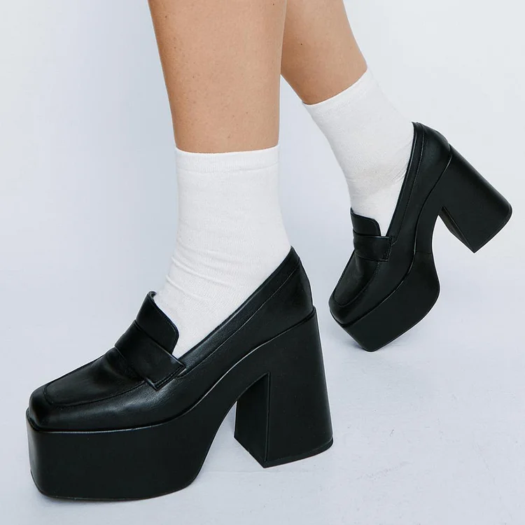 Black Closed Square Toe Platform Loafers in Leather with Chunky Heels Vdcoo