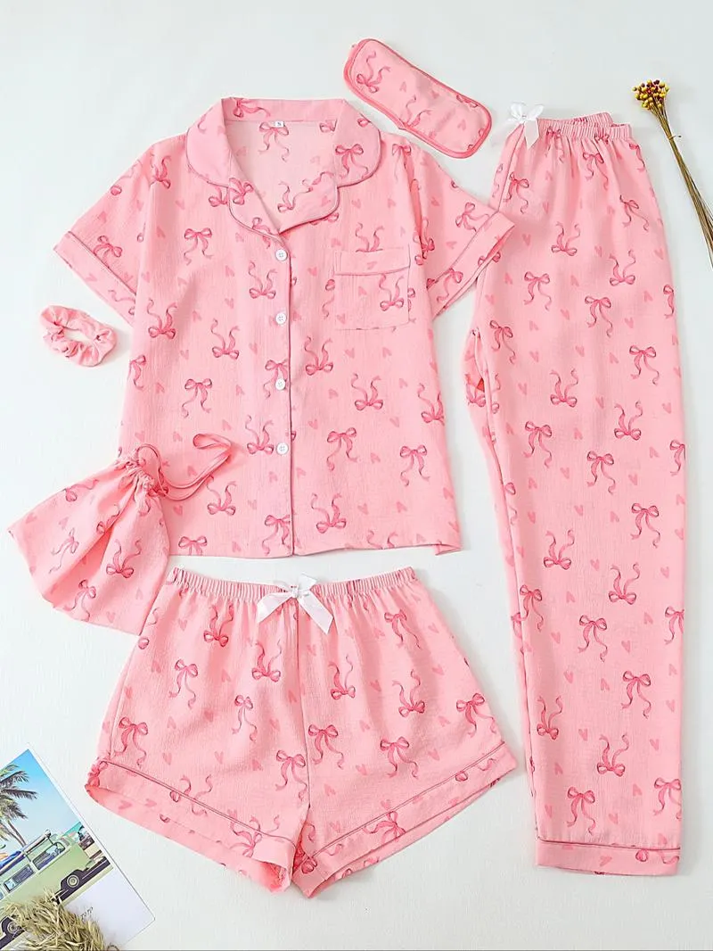 Women's All Over Print Top & Shorts & Pants & Accessories Pyjama Set, Casual Comfy Pj Set, Ladies Sleepwear for All Seasons Women's All Over Print Top & Shorts & Pants & Accessories Pyjama Set, Casual Comfy Pj Set, Ladies Sleepwear for All Seasons