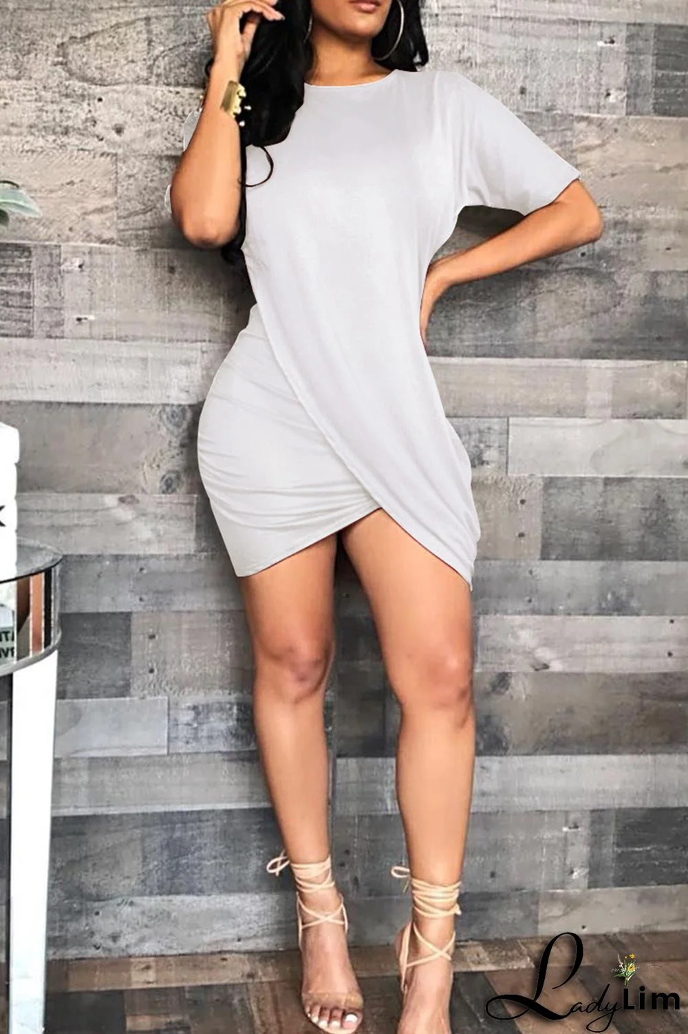 Grey Fashion Casual Solid Split Joint O Neck Short Sleeve Dress