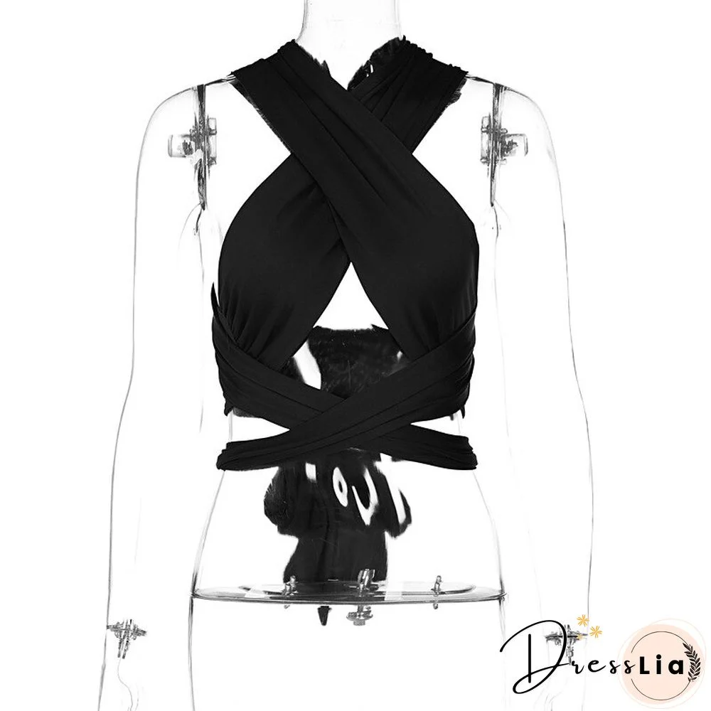 Neck Tube Top Vest Female Tide Ropa De Mujer Y2k T Shirt Harajuku Fashion Sexy Hollow Out Bandage Crop Tops Women