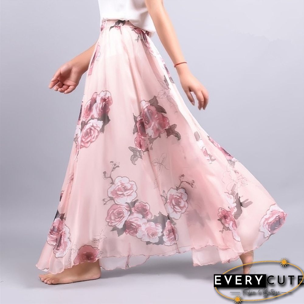 Women Boho Vintage Bohemia Chiffon Floral Printed Floor-Length Long Maxi Beach Dresses