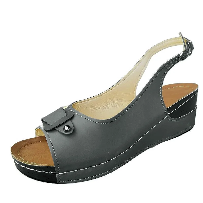 Women's Sandals Summer Wedge Heel Peep Toe PU Leather Buckle Khaki Gray | IFYHOME
