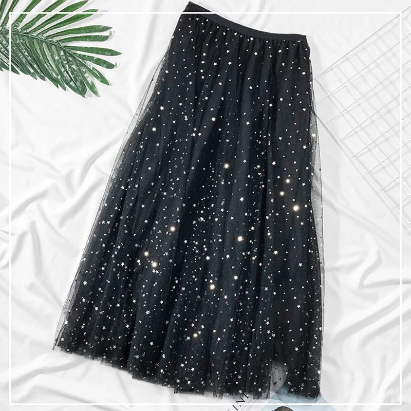 Zoki Elegant Korean Women Tulle Skirt Fashion Sequin Star Summer Mesh Ladies Long Skirt Elastic High Waist Party White Skirt
