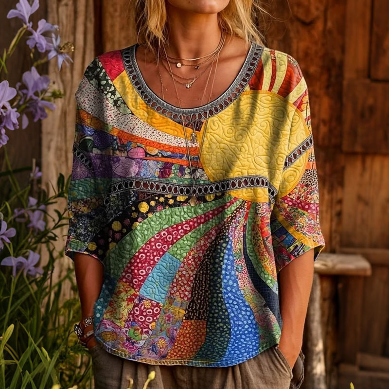 Comstylish Bohemian Style Women's Vintage Colorful Sun Collage Art Print Casual Round Neck Top