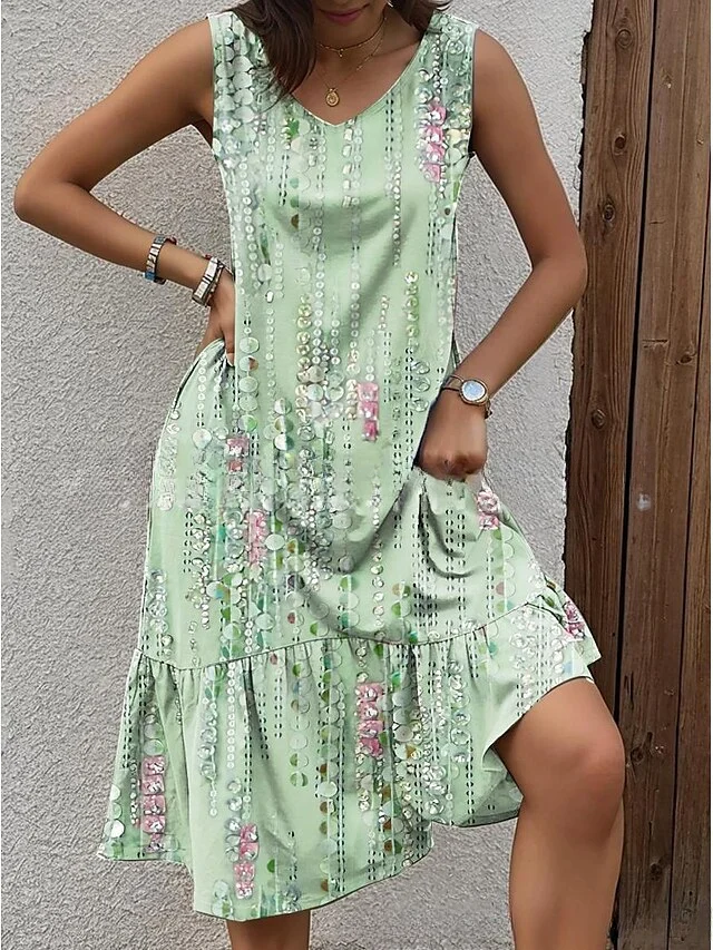 Women's spring and summer patchwork pleated hem printed dress socialshop