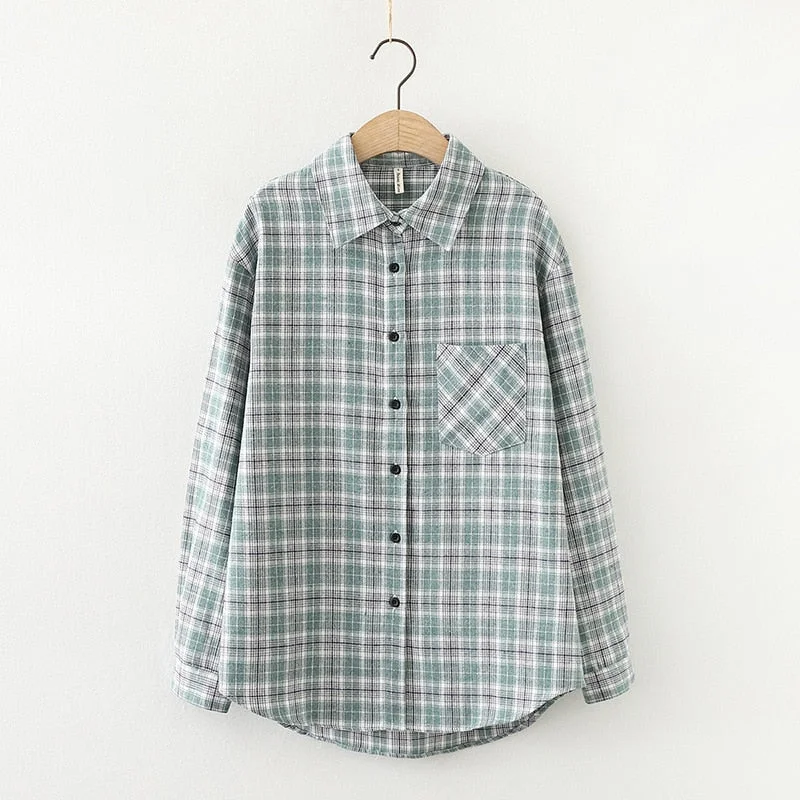 2021 New Loose Design Cotton Plaid Shirt Women Young Style Long Sleeve Blouses Casual Shirts Lady Tops Clothes Blusas