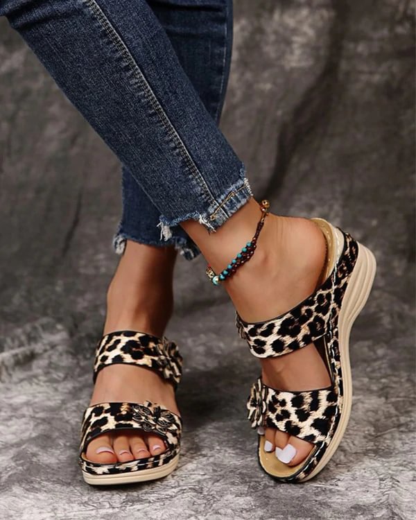 Leopard Floral Print Heeled Sandals