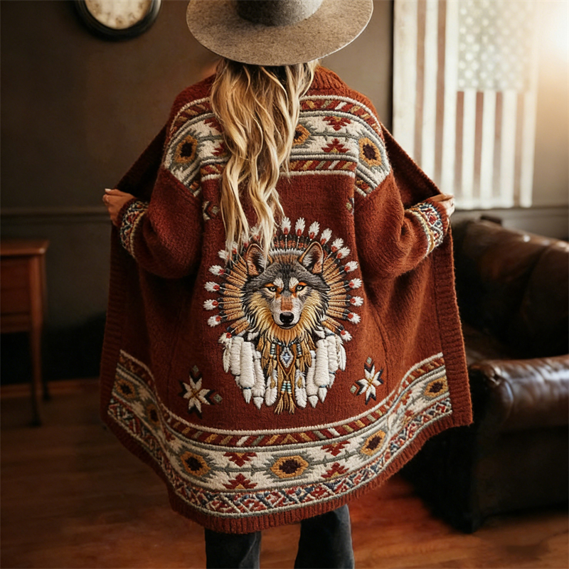 Western Wolf Ethnic Feathers Aztec Cozy Knit Midi Cardigan wearshes