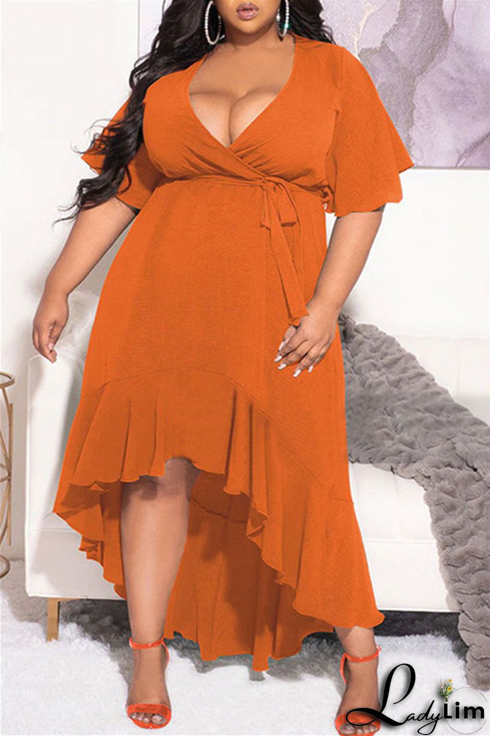 Blue Fashion Casual Solid Bandage Flounce V Neck Irregular Dress Plus Size Dresses