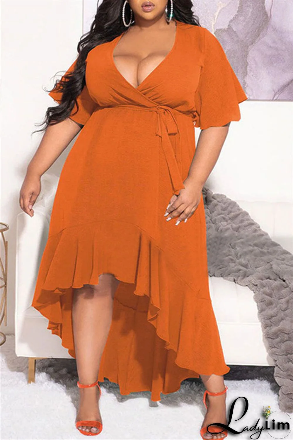 Blue Fashion Casual Solid Bandage Flounce V Neck Irregular Dress Plus Size Dresses