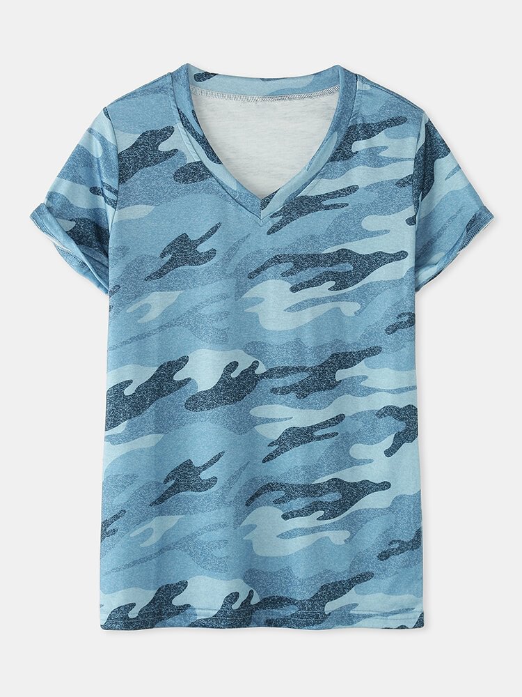 Camo Print Short Sleeve V neck Casual T Shirt For Women P1827321