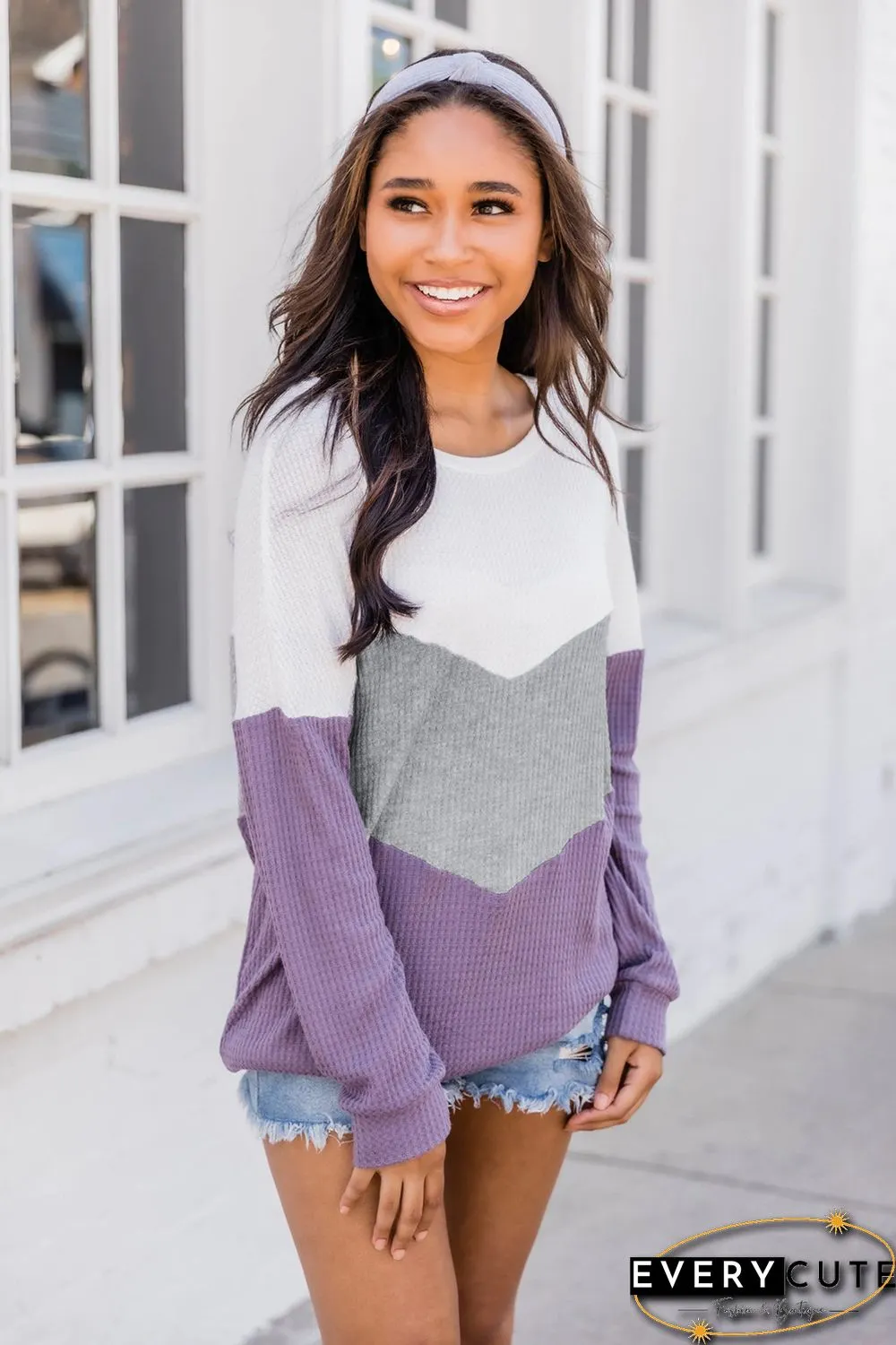 Purple Chevron Waffle Colorblock Pullover Sweatshirt