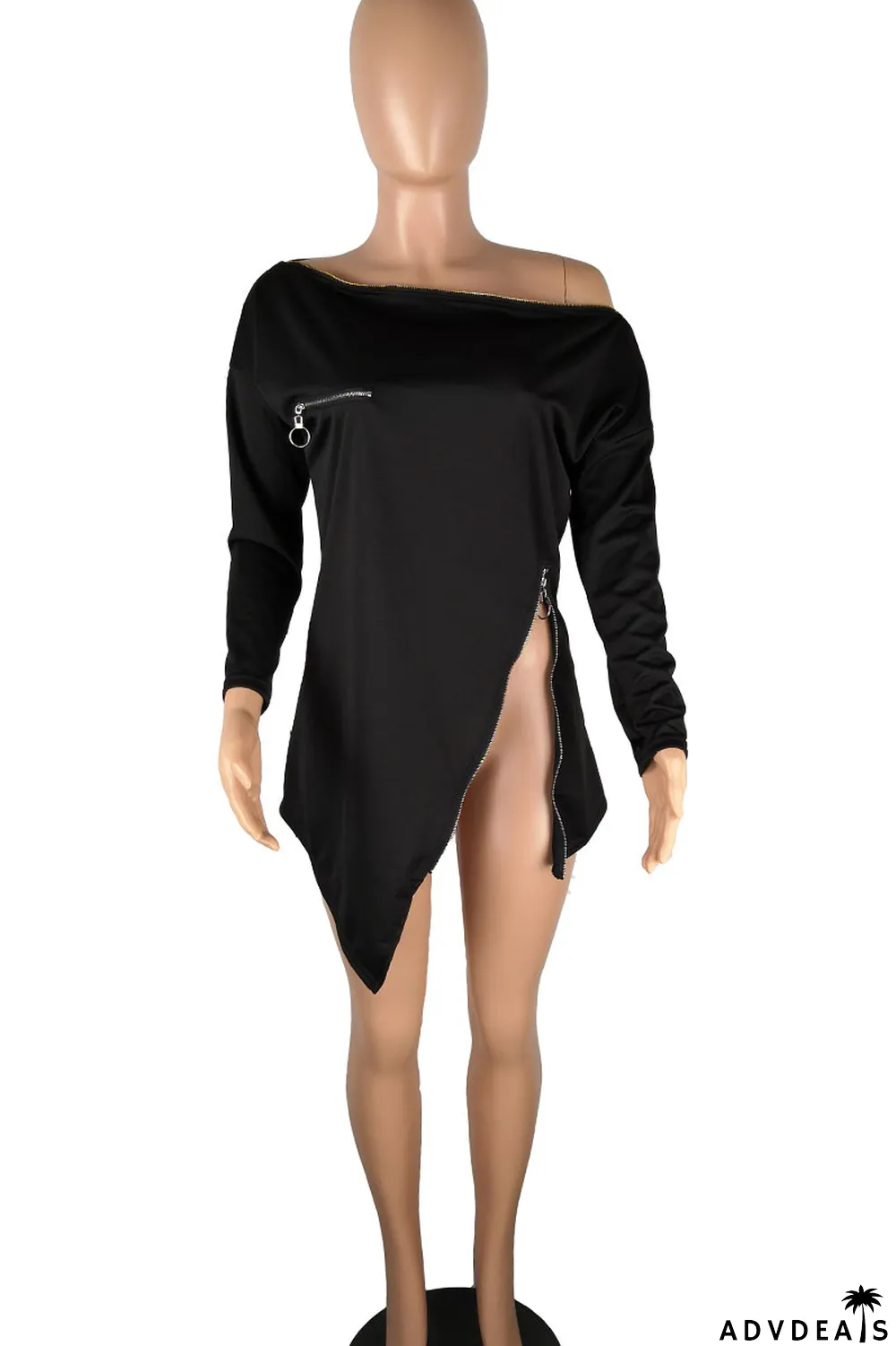 Burgundy Casual Solid Split Joint Asymmetrical Zipper Zipper Collar Tops