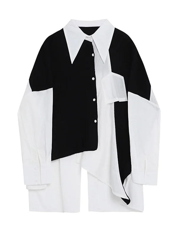 Black&White Splicing Cropped Roomy Long Sleeve Blouse
