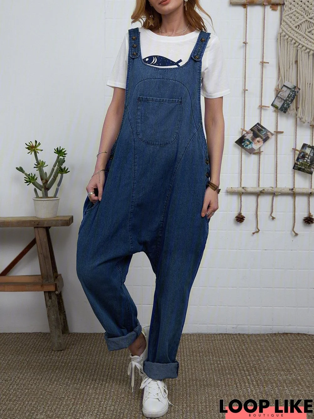 Fake Demin Blue Sleeveless Pockets Casual Jumpsuits