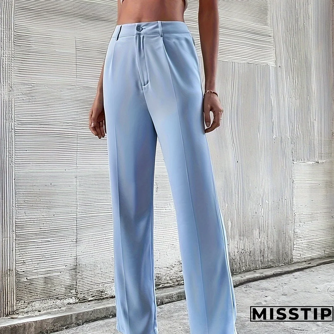 Solid Straight Leg Pants, Elegant Button High Waist Pants For Spring & Fall, Women's Clothing