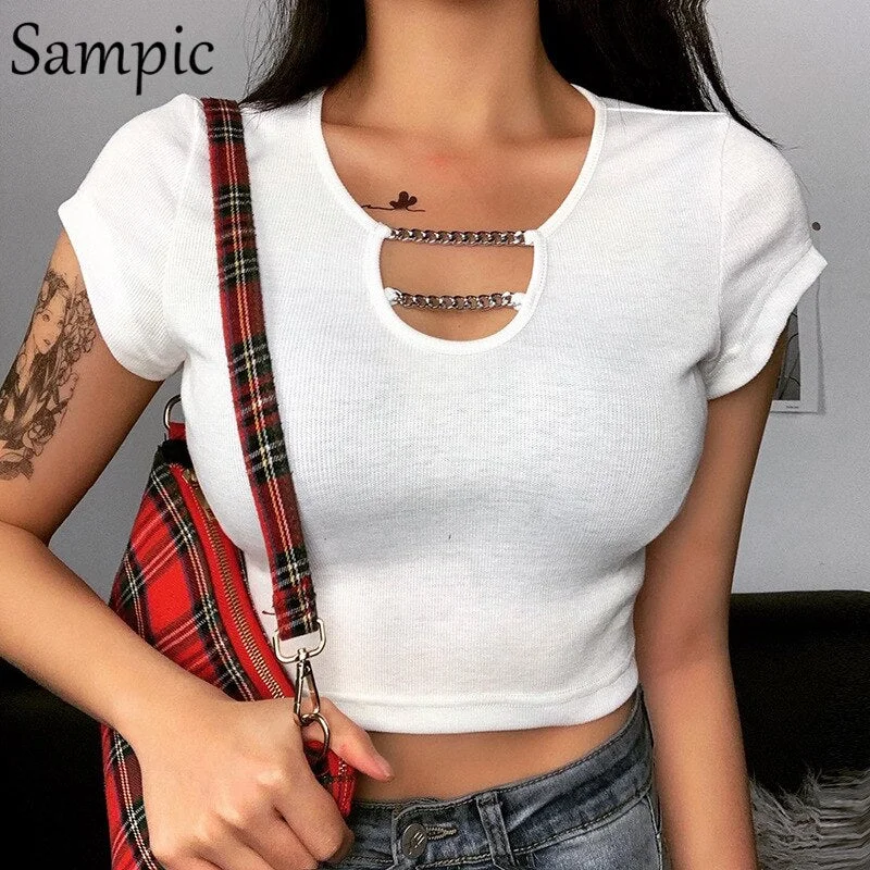 Toloer beach summer party hollow out white short sleeve chain crop top t shirt women v neck casual sexy cotton t shirt femme
