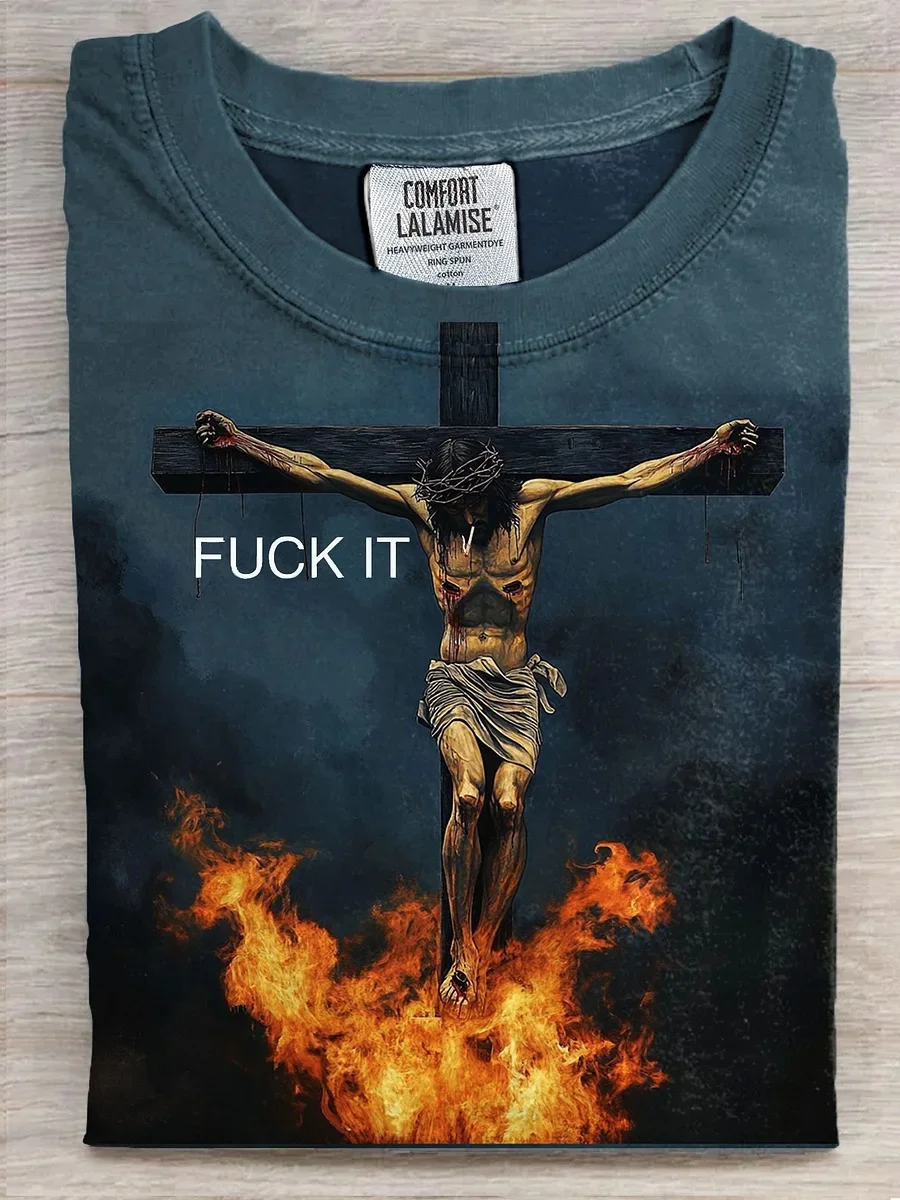 Eagerlys  Fuck It Jesus Burning Stake Art Print T-shirt Eagerlys