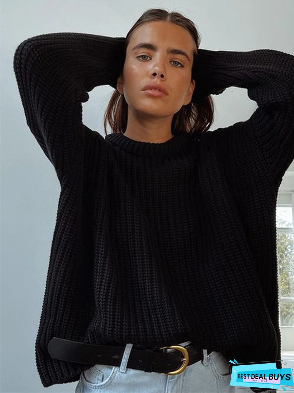 Solid Color Casual Loose Long Sleeve Round Neck Knitting Sweater