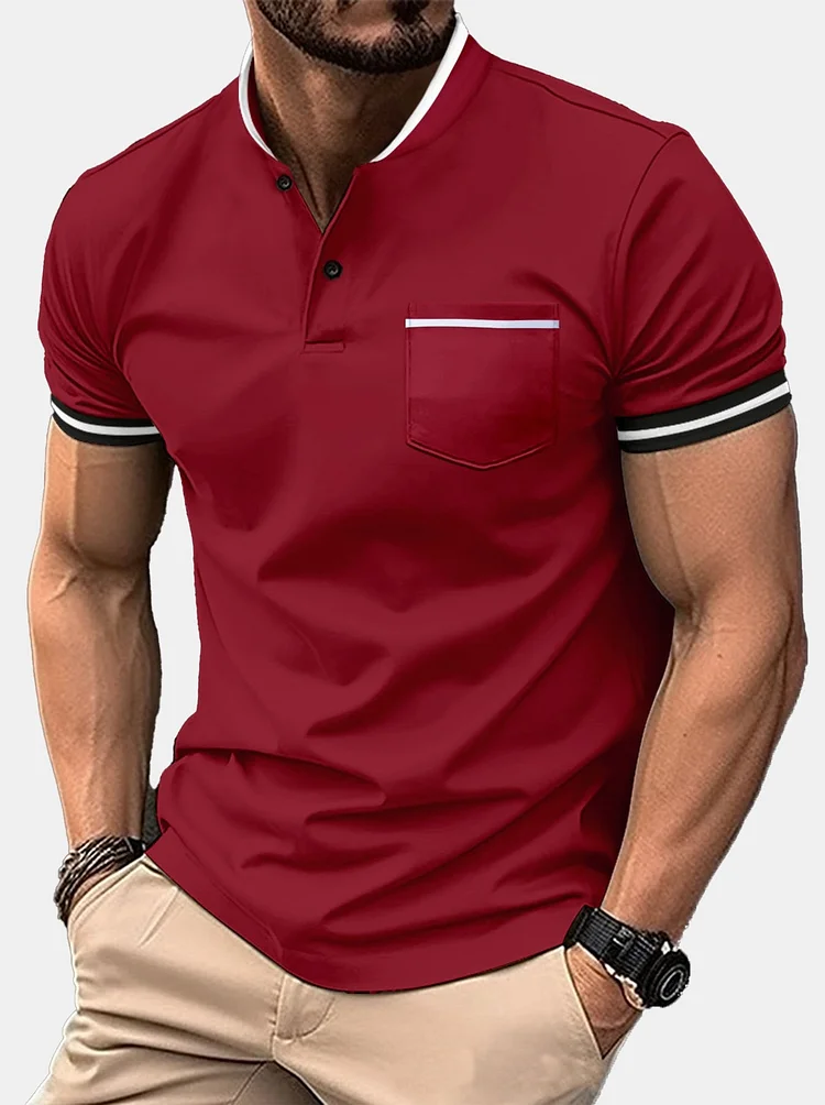 Men's Short Sleeve Solid Color Stand Collar Pocket Polo Henley Shirt