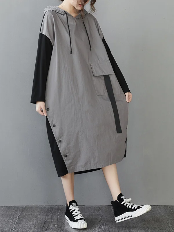 Hooded Solid Color Patchwork Midi Dress