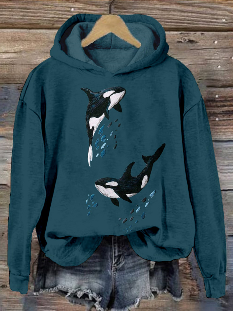Whales Embroidery Art Pattern Vintage Comfy Hoodie wearshes
