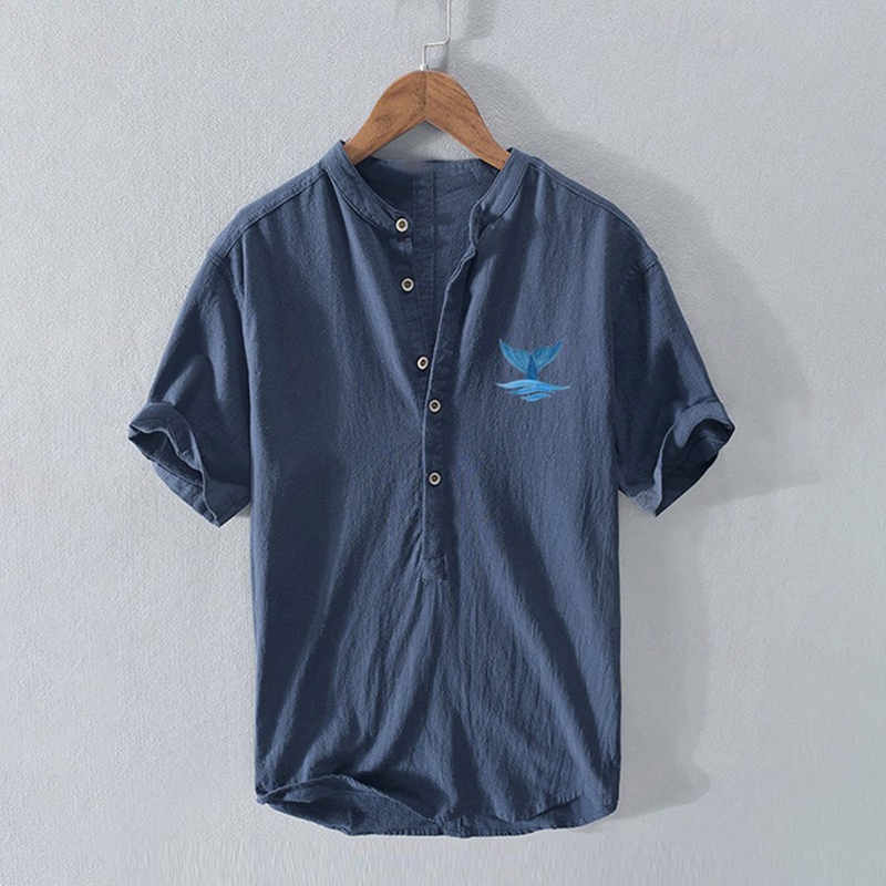 Men's Ocean Fishtail Art Casual Cotton And Linen Short Sleeve Shirt
