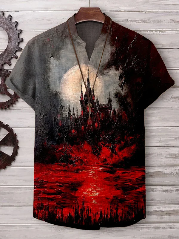 Men's Dark Castle Art Print Linen Blend V Neck T-Shirt