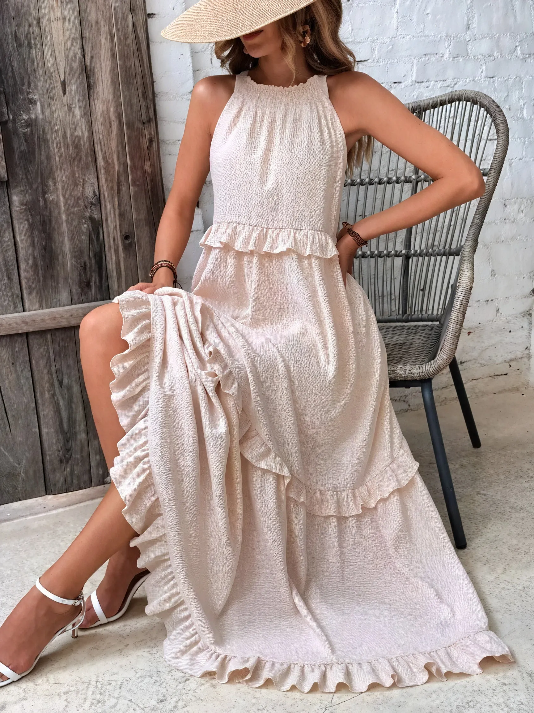 Maxikleid Damen Halter-Ausschnitt Fließendes Design Rüschen-Details Leicht Sommer Urlaub Elegant-81649-5e9e4415-9a64-4346-b1d7-5db73e5cfb70