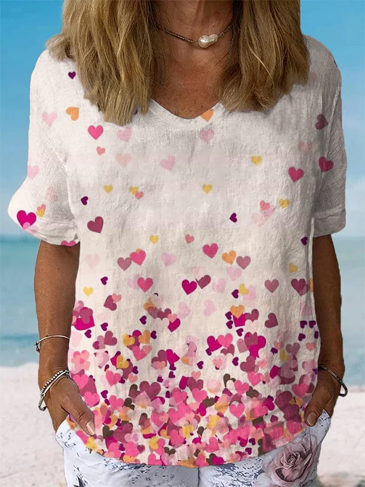 Valentine's Day Gradient Heart Art Print Casual Cotton And Linen Shirt