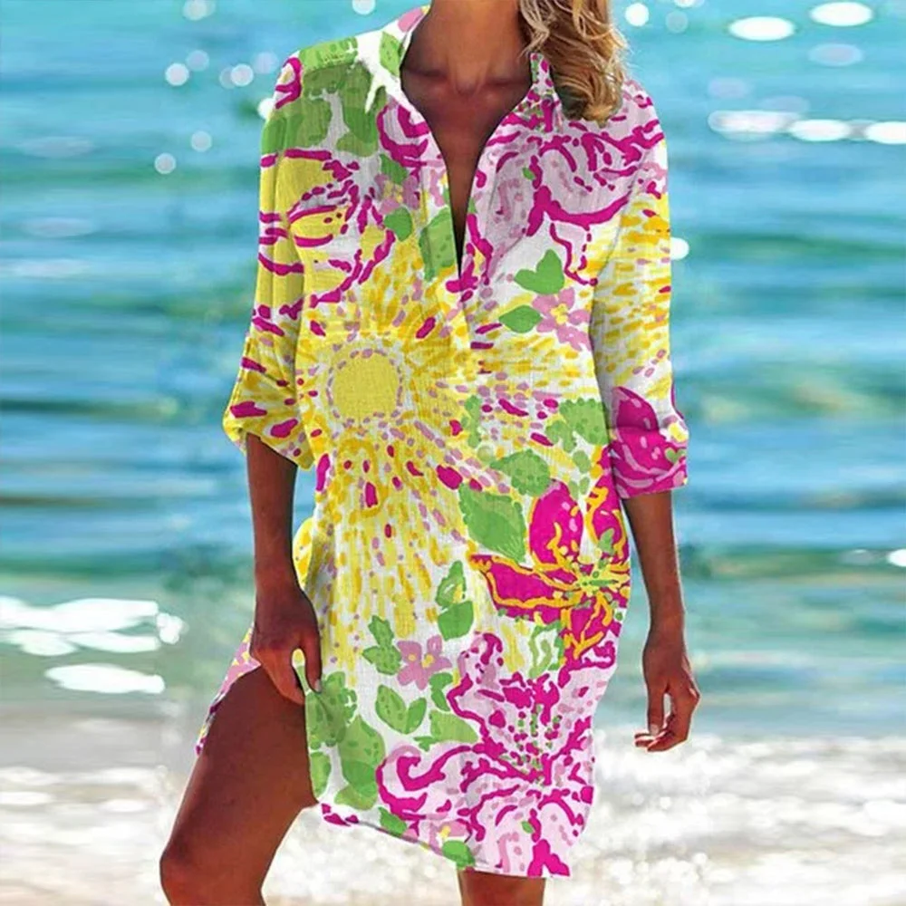 Paradise Splash Floral Long Sleeve Tunic Mini Dress