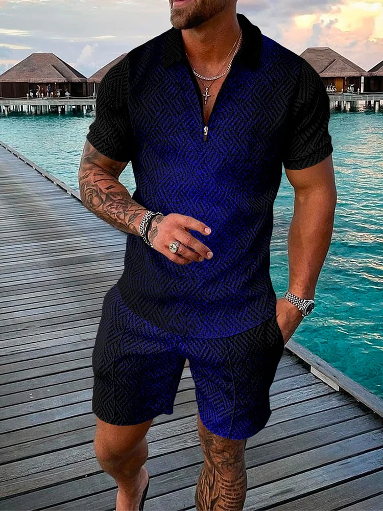 Men's Simplicity Blue Gradient Printing Polo Suit