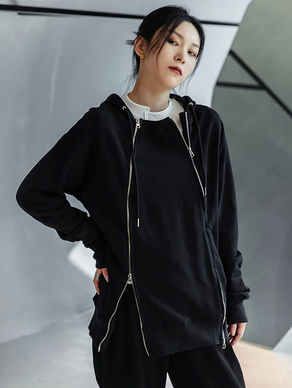Casual Loose Drawstring Split-Joint Zipper Hoodies Top