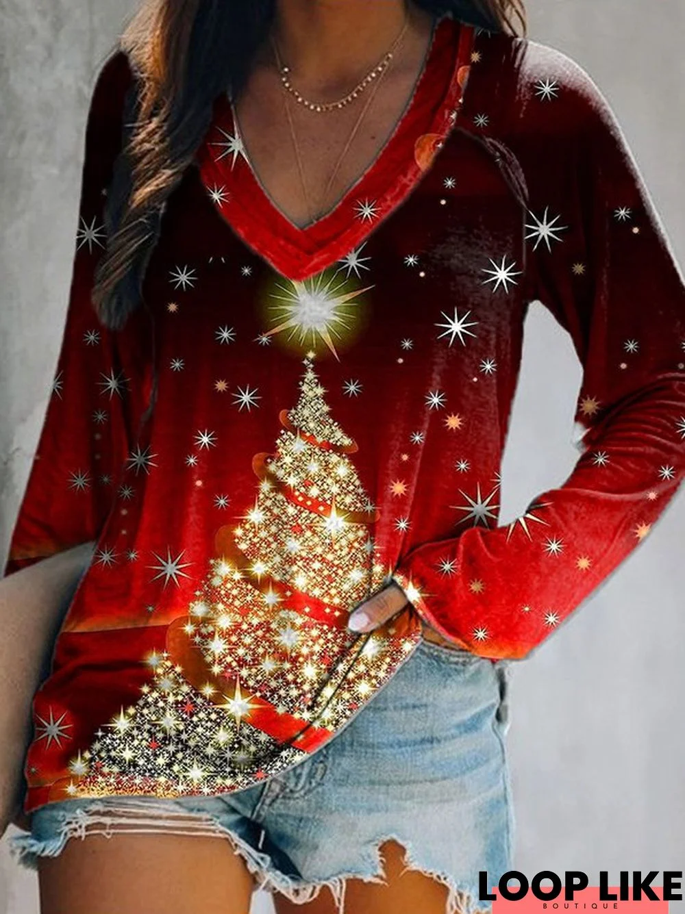 Christmas Long Sleeve Printed Casual Tunic T-Shirt