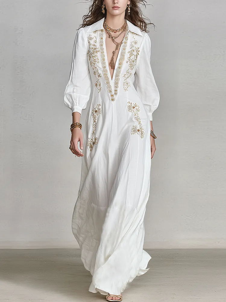 Bohemian White Linen Embroidered Maxi Dress