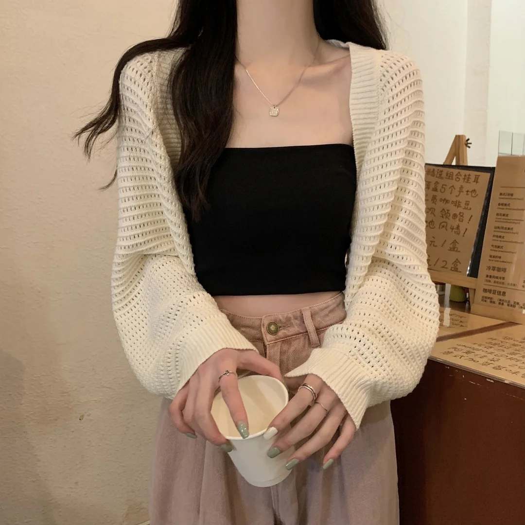 Uveng Uveng Version Of Fashion Loose Hollow Out Short Jacket Cardigan Long Sleeve Sunscreen Knitting Women 2023 Summer New Coat Tide
