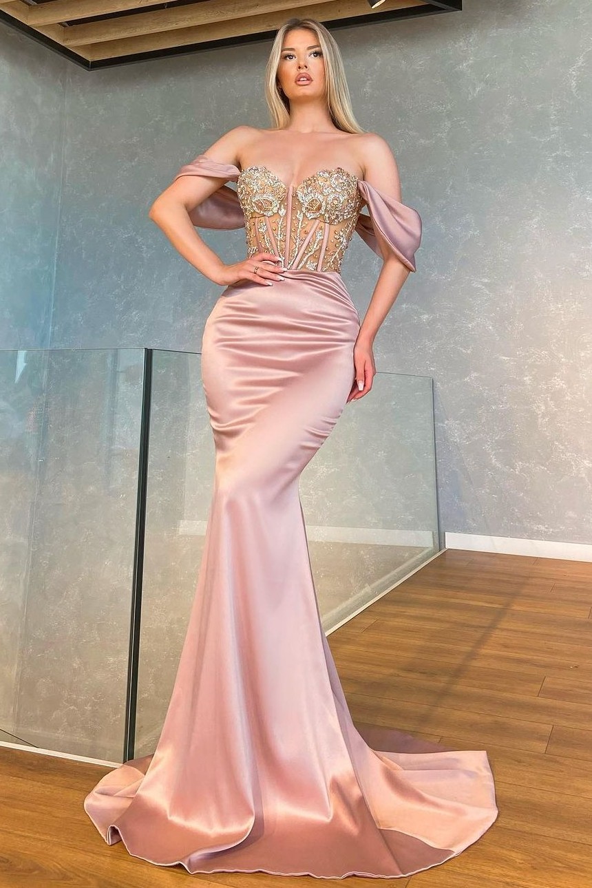 Oknass Stunning Pink Mermaid Off the Shoulder Long Prom Dress With Appliques