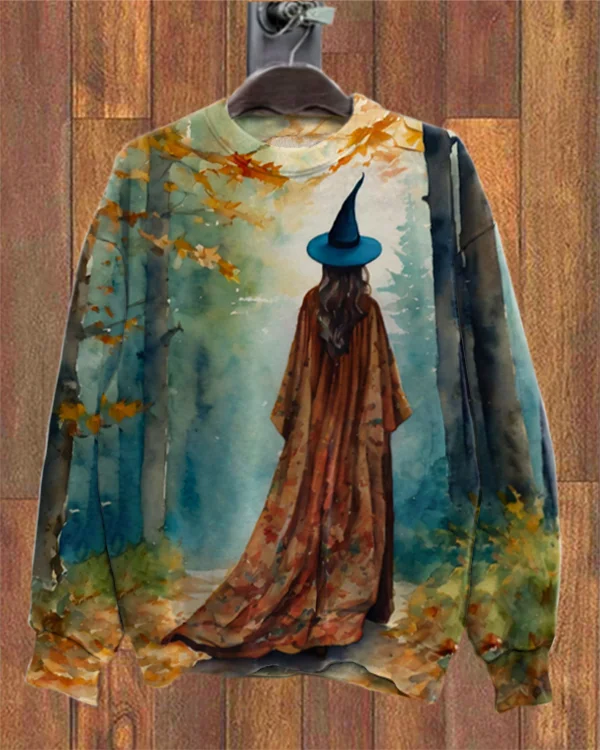 Autumn Of Witches Halloween Print Loose Sweatshirt