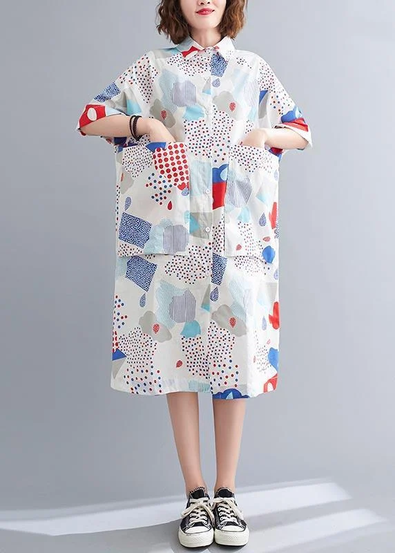 French Blue Print Cotton long shirts Summer Dress