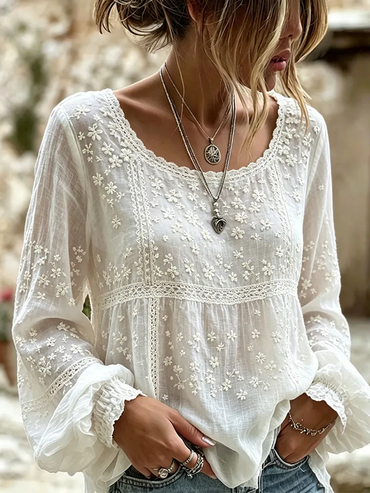 Retro White Cherry Blossom Floral And Lace Art Blended Cotton Linen Comfortable Round Neck Long Sleeve Top