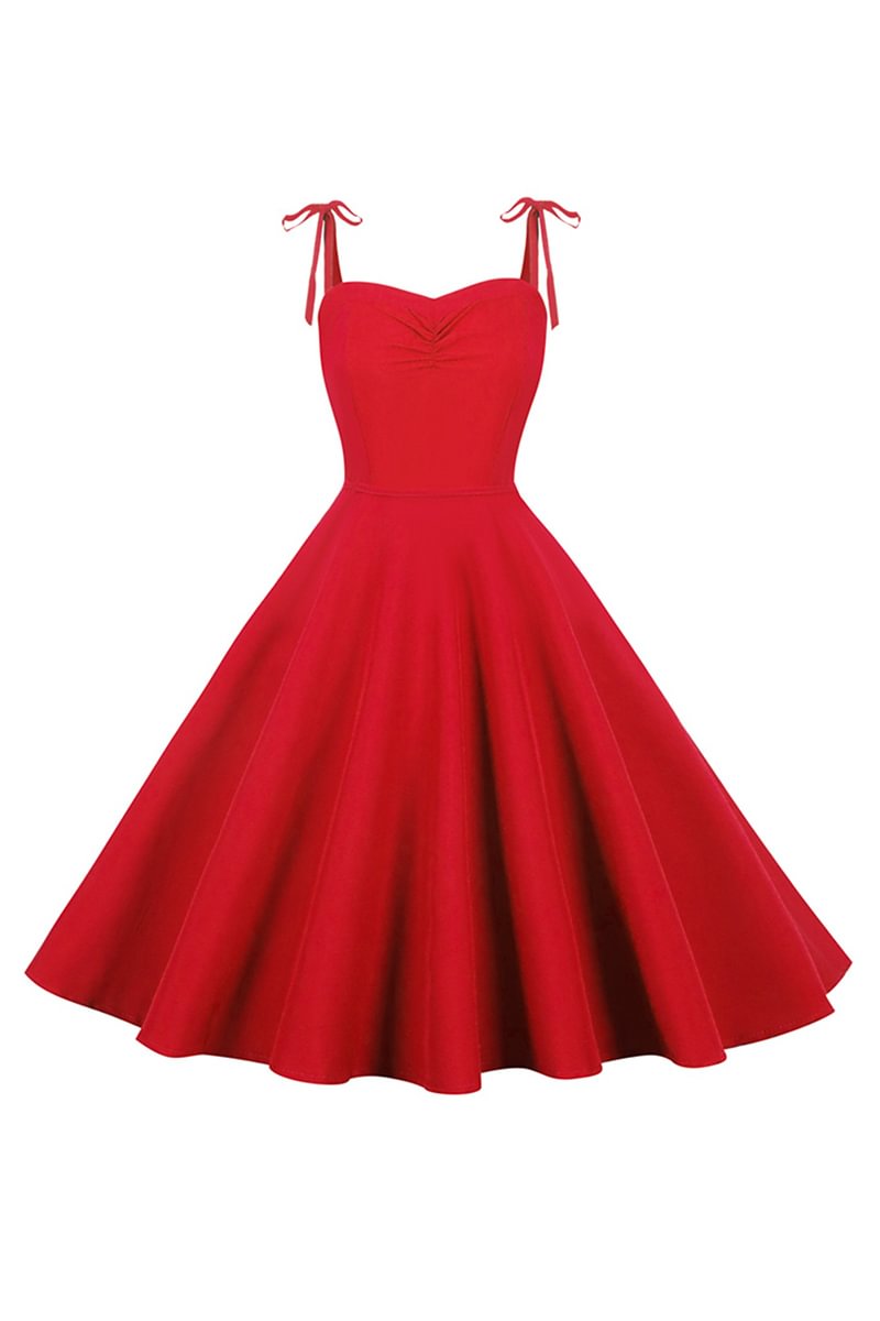 1950s Red Retro Solid Cami A-Line Midi Dress
