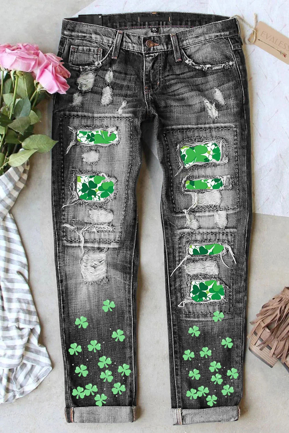 St. Patrick's Day Clover Casual Denim Ripped Jeans