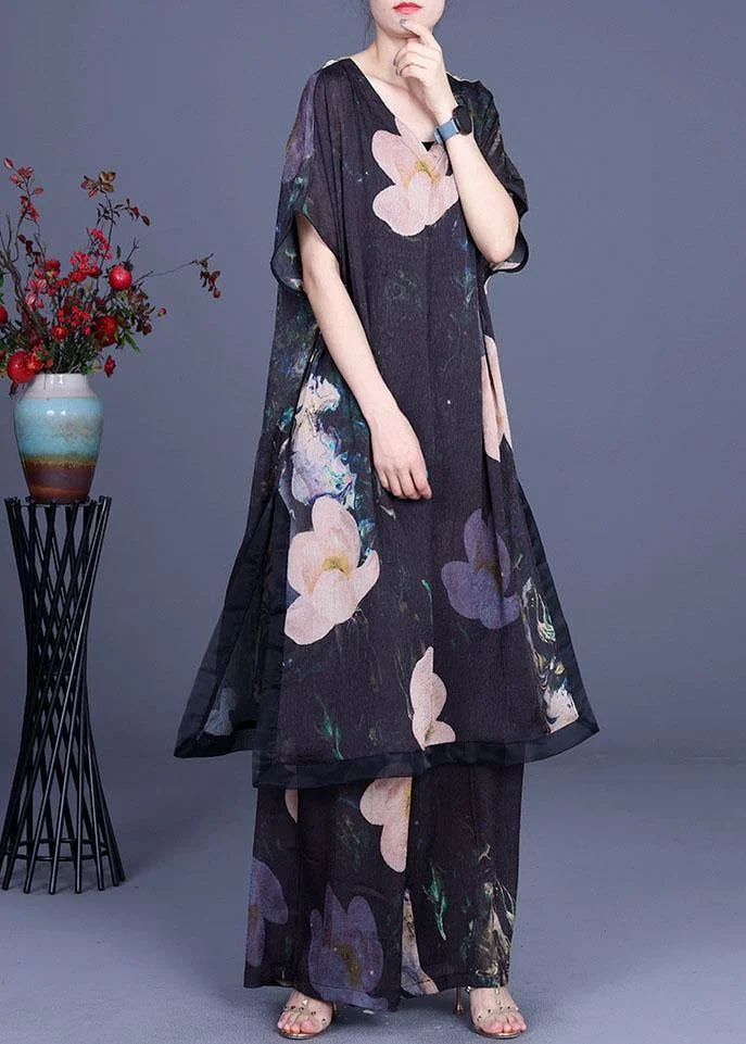 Diy Black Print Silk Side Open Wide Leg Two Pieces Set