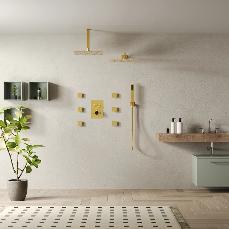 Luxury Thermostatic Dual Shower Head System in Brushed Gold SFS