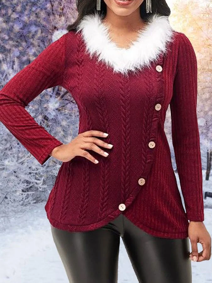 Women's Cable Pattern Wine Red Plush Collar Casual Pullover