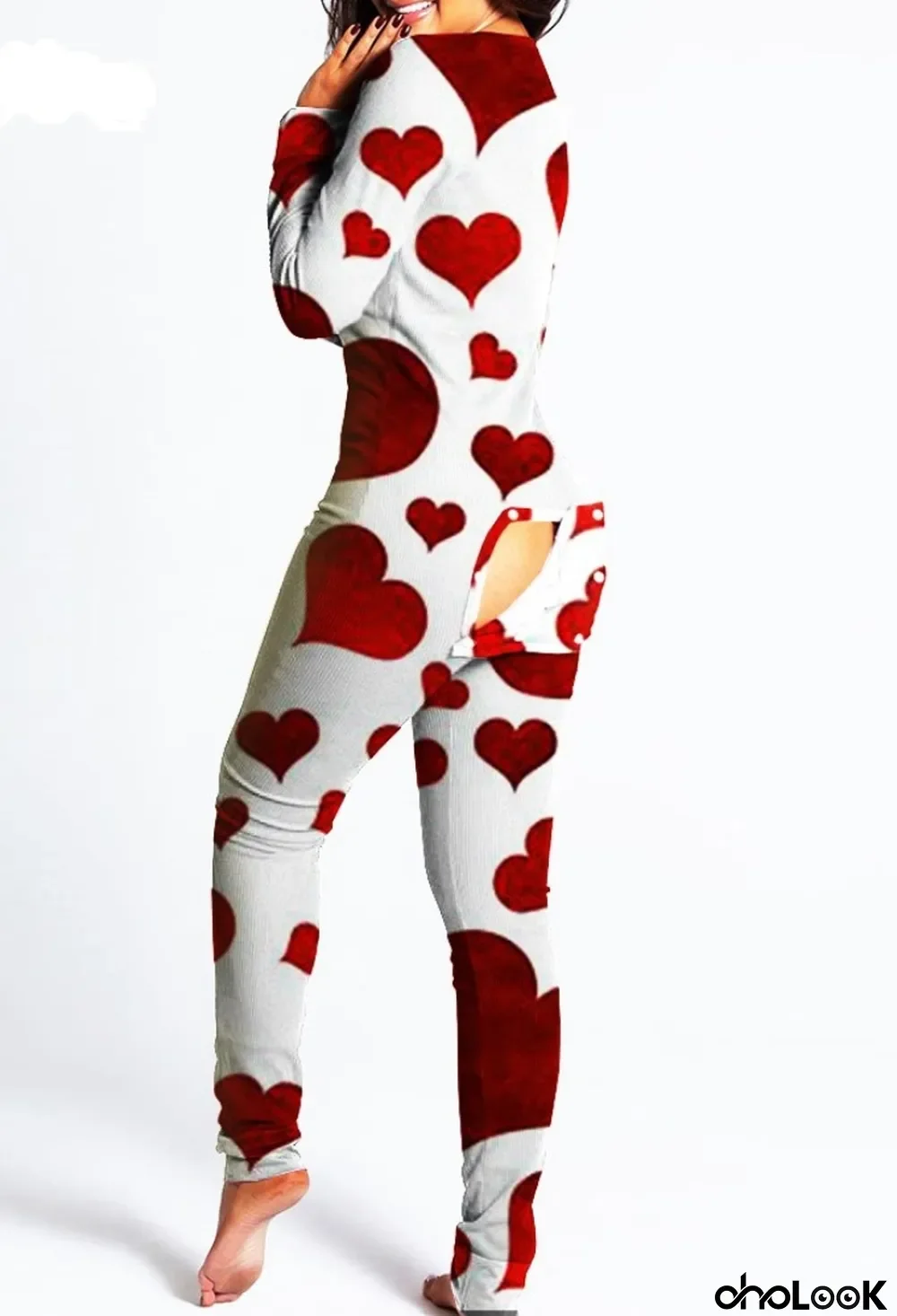Heart Print White Long Sleeve Sexy Lounge Jumpsuit with Patch Butts