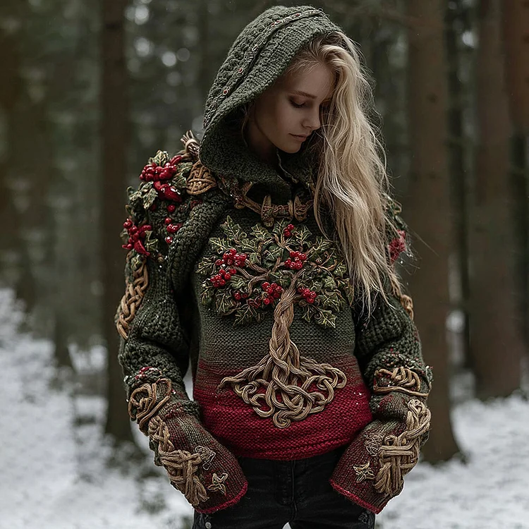 Women's Celtic Tree Of Life Christmas Tree Knit Hooded Sweater
