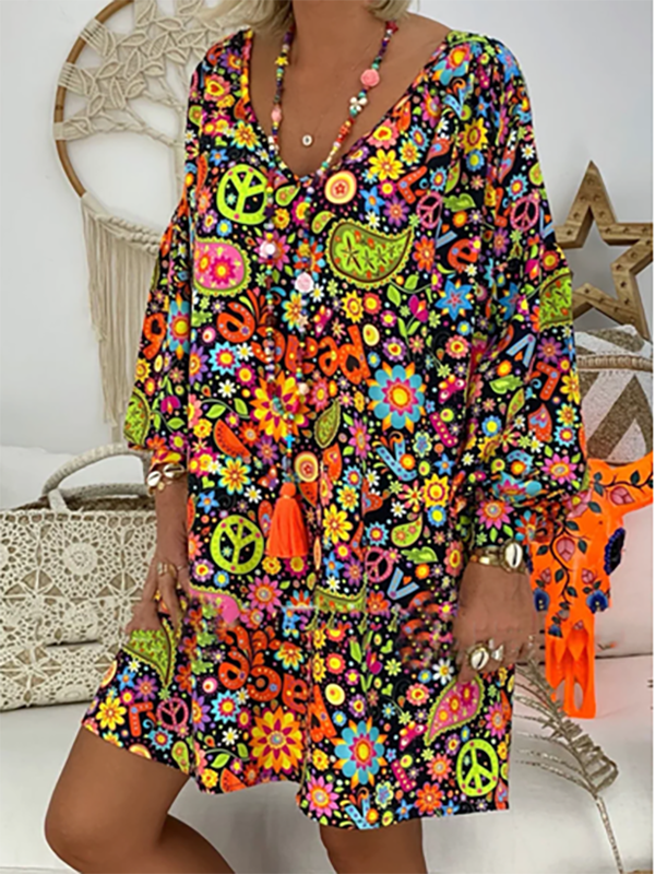 Women's V-Neck Casual Printed Loose Long Sleeve Dress-Flower Print-Mayoulove